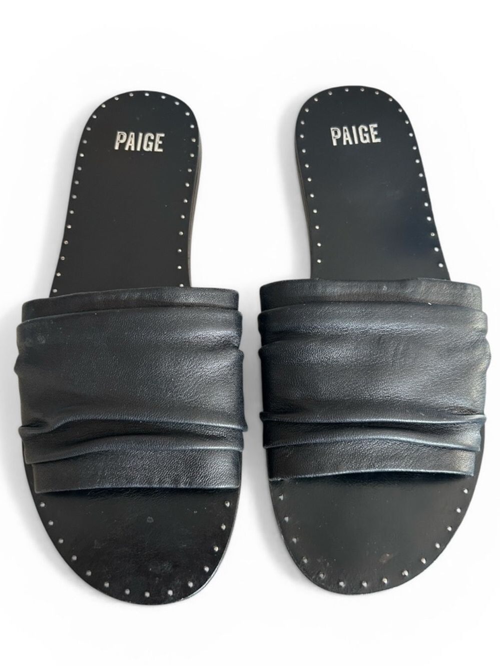 PAIGE Emilia Black Leather Slide Sandals with Ruched Strap Studded Detail Sz 10 - Picture 7 of 7